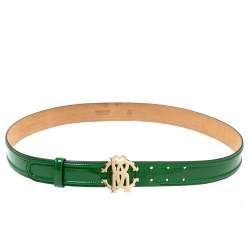 Pre Owned Roberto Cavalli Green Patent Leather RC Logo Buckle Belt 100CM