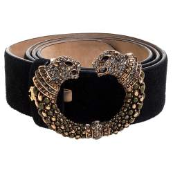 Pre Owned Roberto Cavalli Black Suede Crystal Embellished Panther Head Buckle Belt 95CM