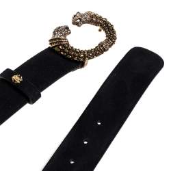 Pre Owned Roberto Cavalli Black Suede Crystal Embellished Panther Head Buckle Belt 95CM