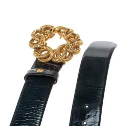 مملوكة مسبقًا Roberto Cavalli Dark Green Patent Leather Snake Buckle Belt Size 85