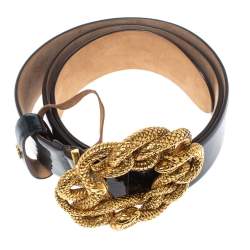 مملوكة مسبقًا Roberto Cavalli Dark Green Patent Leather Snake Buckle Belt Size 85