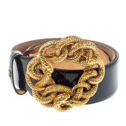 مملوكة مسبقًا Roberto Cavalli Dark Green Patent Leather Snake Buckle Belt Size 85