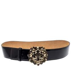 Roberto Cavalli Black Patent Leather Round Logo Buckle Belt 90CM
