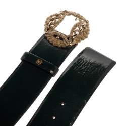 مملوكة مسبقًا Roberto Cavalli Petroleum Green Patent Leather Buckle Embellished Wide Belt 90CM