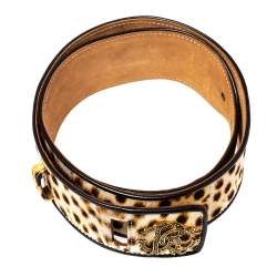 Pre Owned Roberto Cavalli Brown Leopard Print Canvas and Leather Waist Belt 80 CM