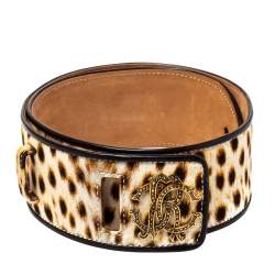 Pre Owned Roberto Cavalli Brown Leopard Print Canvas and Leather Waist Belt 80 CM