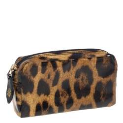 Roberto Cavalli Beige/Brown Leopard Print Patent Leather Cosmetic Pouch