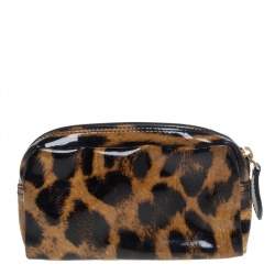 Roberto Cavalli Beige/Brown Leopard Print Patent Leather Cosmetic Pouch