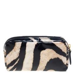 Pre Owned Roberto Cavalli Black/Beige Zebra Print Patent Leather Cosmetic Pouch