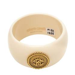 Pre Owned Roberto Cavalli Cream Resin Logo Medallion Wide Bangle Bracelet
