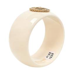 Pre Owned Roberto Cavalli Cream Resin Logo Medallion Wide Bangle Bracelet