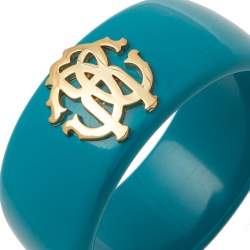 Pre Owned Roberto Cavalli Teal Blue Logo Wide Bangle Bracelet