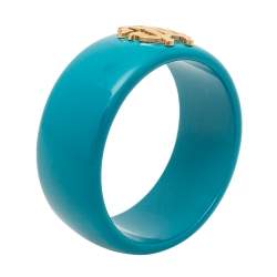Pre Owned Roberto Cavalli Teal Blue Logo Wide Bangle Bracelet