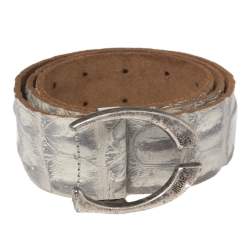 Roberto Cavalli Grey/White Croc Embossed Leather Buckle Belt 85CM