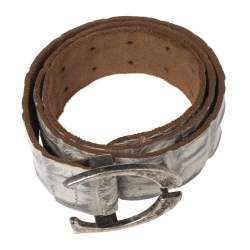 Roberto Cavalli Grey/White Croc Embossed Leather Buckle Belt 85CM