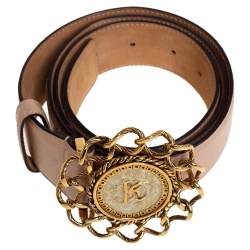 Pre Owned حزام روبرتو كافالي إبزيم سلسلة صدف جلد بيج ميتاليك 95 سم