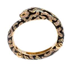مملوكة مسبقًا Roberto Cavalli Snake Head Crystal Enamel Gold Tone Open Cuff Bracelet