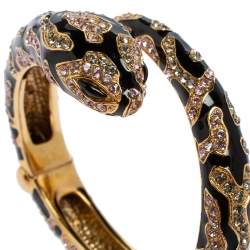 مملوكة مسبقًا Roberto Cavalli Snake Head Crystal Enamel Gold Tone Open Cuff Bracelet