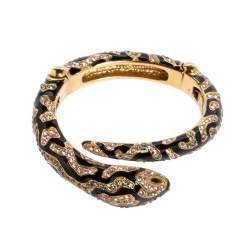 مملوكة مسبقًا Roberto Cavalli Snake Head Crystal Enamel Gold Tone Open Cuff Bracelet