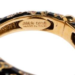 مملوكة مسبقًا Roberto Cavalli Snake Head Crystal Enamel Gold Tone Open Cuff Bracelet