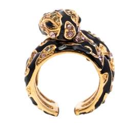 Pre Owned Roberto Cavalli Snake Head Crystal Enamel Gold Tone Adjustable Cocktail Ring Size 50.5