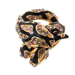 Pre Owned Roberto Cavalli Snake Head Crystal Enamel Gold Tone Adjustable Cocktail Ring Size 50.5