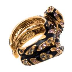 Pre Owned Roberto Cavalli Snake Head Crystal Enamel Gold Tone Adjustable Cocktail Ring Size 50.5
