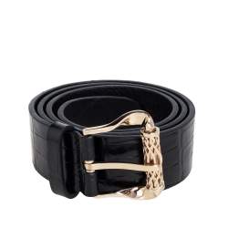 Pre Owned Roberto Cavalli Black Croc Embossed Leather Buckle Belt 105 CM