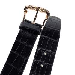 Pre Owned Roberto Cavalli Black Croc Embossed Leather Buckle Belt 105 CM