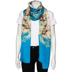Pre Owned Roberto Cavalli Blue Floral Printed Silk Stole