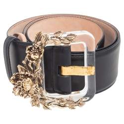 Pre Owned Roberto Cavalli Black Leather Floral Embellished Buckle Belt 85 CM