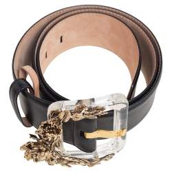 Pre Owned Roberto Cavalli Black Leather Floral Embellished Buckle Belt 85 CM