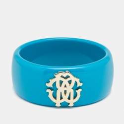 Pre Owned Roberto Cavalli Teal Blue Logo Wide Bangle Bracelet