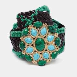 Pre Owned Roberto Cavalli Green/Brown Braided Fabric and Leather Embellished Belt
