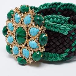 Pre Owned Roberto Cavalli Green/Brown Braided Fabric and Leather Embellished Belt