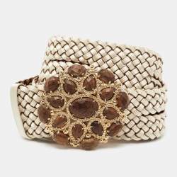 Pre Owned Roberto Cavalli Off White/Brown Braided Satin and Leather Embellished Waist Belt