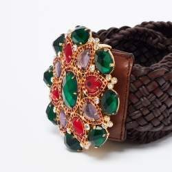 Pre Owned Roberto Cavalli Dark Brown Braided Leather Crystal Embellished Waist Belt