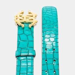 Roberto Cavalli Turquoise Croc Embossed Leather Logo Buckle Belt 80CM