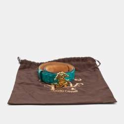 Roberto Cavalli Turquoise Croc Embossed Leather Logo Buckle Belt 80CM