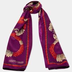 Pre Owned Roberto Cavalli Purple Bejeweled Animal Print Silk Scarf
