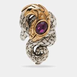 Pre Owned Roberto Cavalli Two Tone Embellished Serpenti Cocktail Ring Size EU 51