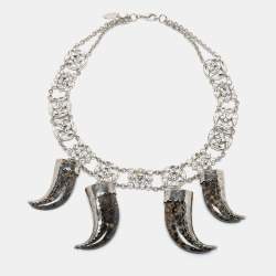 مملوكة مسبقًا Roberto Cavalli Silver Tone Crystal Marbled Teeth Charms Necklace