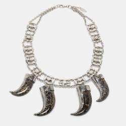 مملوكة مسبقًا Roberto Cavalli Silver Tone Crystal Marbled Teeth Charms Necklace