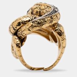 Pre Owned Roberto Cavalli Gold Tone Crystal Serpenti Ring EU 52.5