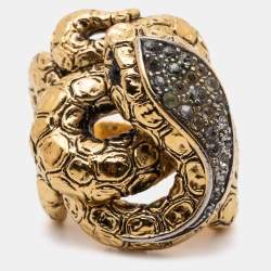 Pre Owned Roberto Cavalli Gold Tone Crystal Serpenti Ring EU 52.5