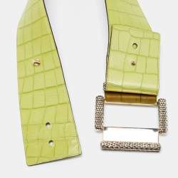 Pre Owned Roberto Cavalli Green Croc Embossed Leather Wide Waist Buckle Belt 75CM