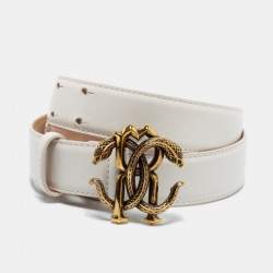Pre Owned Roberto Cavalli White Leather Snake Buckle Belt 85CM
