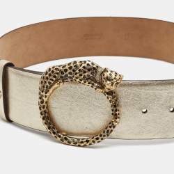 Pre Owned Roberto Cavalli Gold Glossy Leather Panther Buckle Belt 80CM