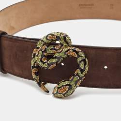 Pre Owned Roberto Cavalli Brown Shimmer Suede Crystals Embellished Snake Buckle Belt 90CM