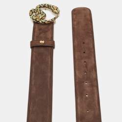 Pre Owned Roberto Cavalli Brown Shimmer Suede Crystals Embellished Snake Buckle Belt 90CM